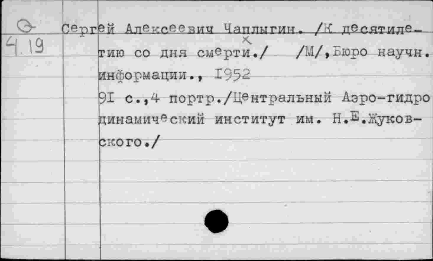 ﻿о	"!врг	Эй Алвис.еенип Чаплыгин. /К пОлятиле	
4 19		X. гию со дня смерти./ /М/,Бюоо научн.
		
	■	91 с.,4 портр./Центральный Аэро-гидро цинамический институт им. Н.^.Жуков-
		
		
		зкого./
		
		
		
		
		